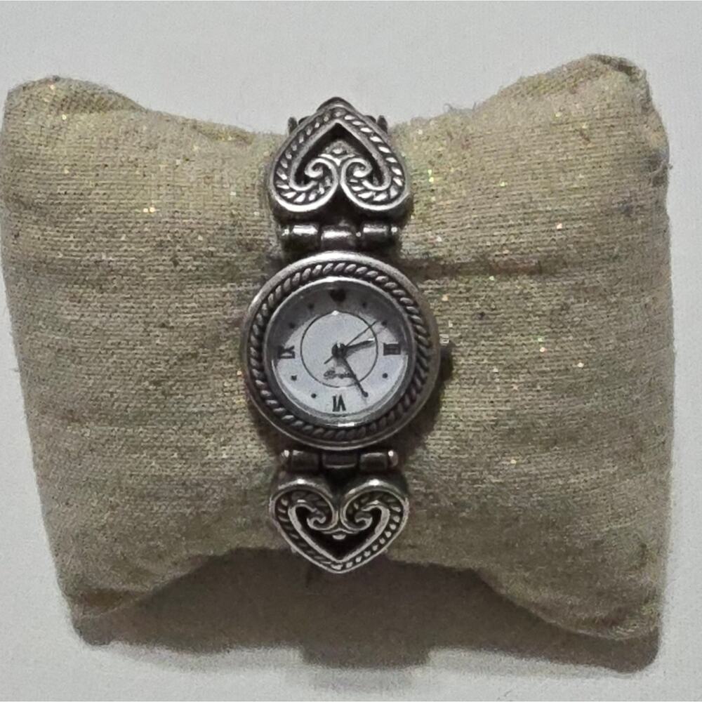 Brighton Carolina Silver Tone Heart Scroll Brown Leather Strap Watch Japan Movt
